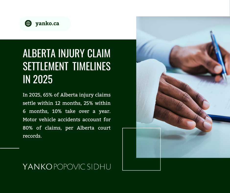 Image showing Alberta injury claim settlement timelines in 2025, with a hand in a cast writing, noting 65% settle within 12 months, 25% in 6 months, 10% over a year, and 80% from motor vehicle accidents.