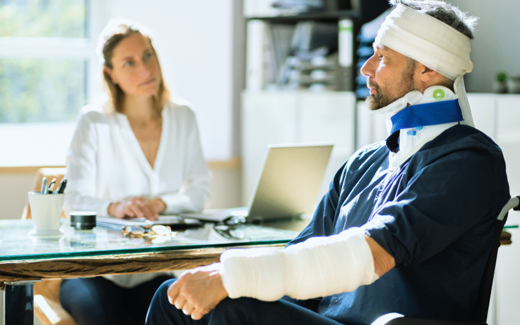 A man with a bandaged head, neck brace, and arm cast sits in an office, discussing with a woman at a desk with a laptop, emphasizing injury consultation.