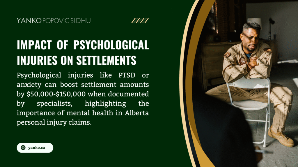 Image promoting psychological injury impact on settlements by Yanko Popovic Sidhu, showing a person in a jumpsuit sitting thoughtfully, with text noting PTSD/anxiety can boost claims by $50,000-$150,000 in Alberta.