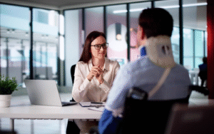mage of a woman consulting a man with a neck brace in an office, discussing injury compensation, with a laptop and documents on the table.