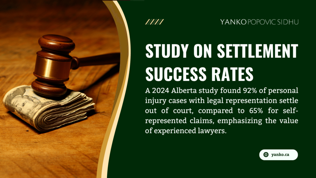 Image of a gavel and money on a wooden surface, highlighting a 2024 Alberta study showing 92% settlement success for personal injury cases with legal representation vs. 65% for self-represented claims