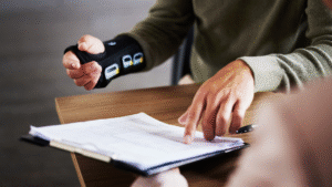 Image of a hand with a wrist brace pointing to documents, related to Pain Suffering Compensation Alberta Guide 2025 by Yanko Law.