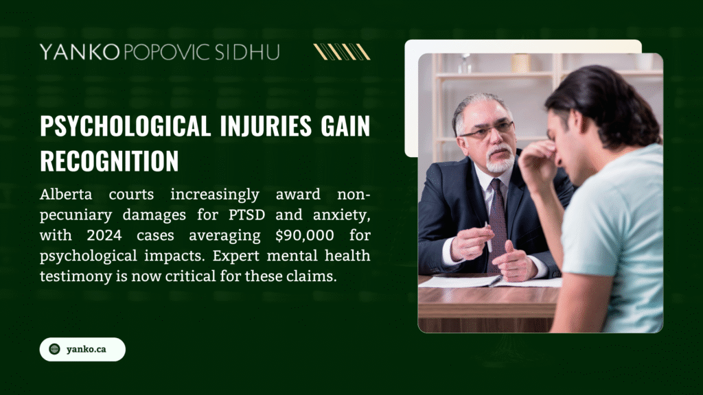 Image from Yanko Popovic Sidhu on psychological injuries gaining recognition in Alberta courts, showing a consultation. Non-pecuniary damages for PTSD and anxiety average $90,000 in 2024 cases, with expert mental health testimony now critical for claims.