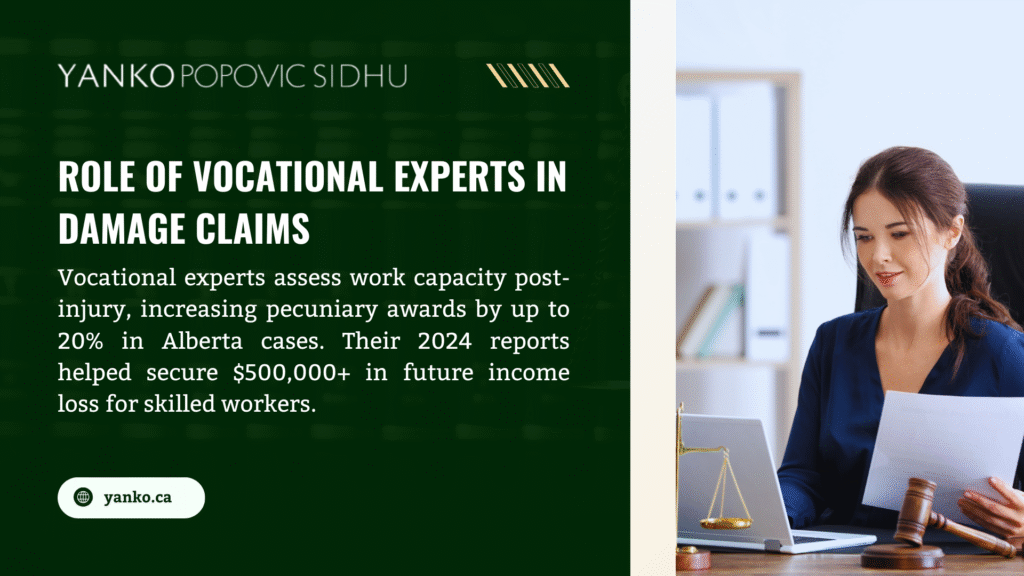  Image from Yanko Popovic Sidhu on the role of vocational experts in damage claims, showing a woman with legal documents. Experts assess work capacity post-injury, increasing pecuniary awards by up to 20% in Alberta cases, securing $500,000+ in future income loss for skilled workers.