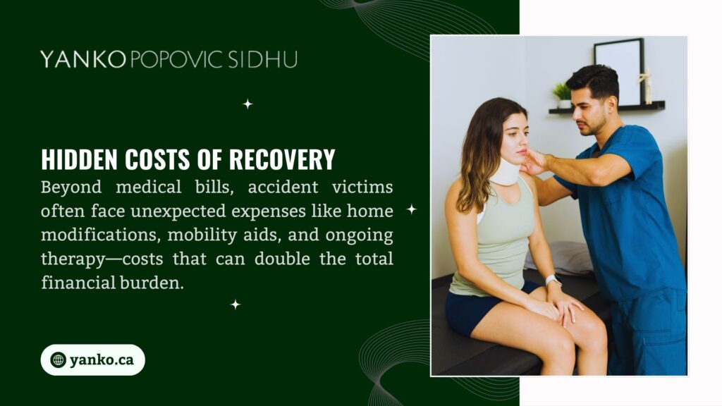 Image from Yanko Popovic Sidhu showing a patient with a neck brace being examined, highlighting hidden recovery costs like home modifications and therapy doubling financial burden.