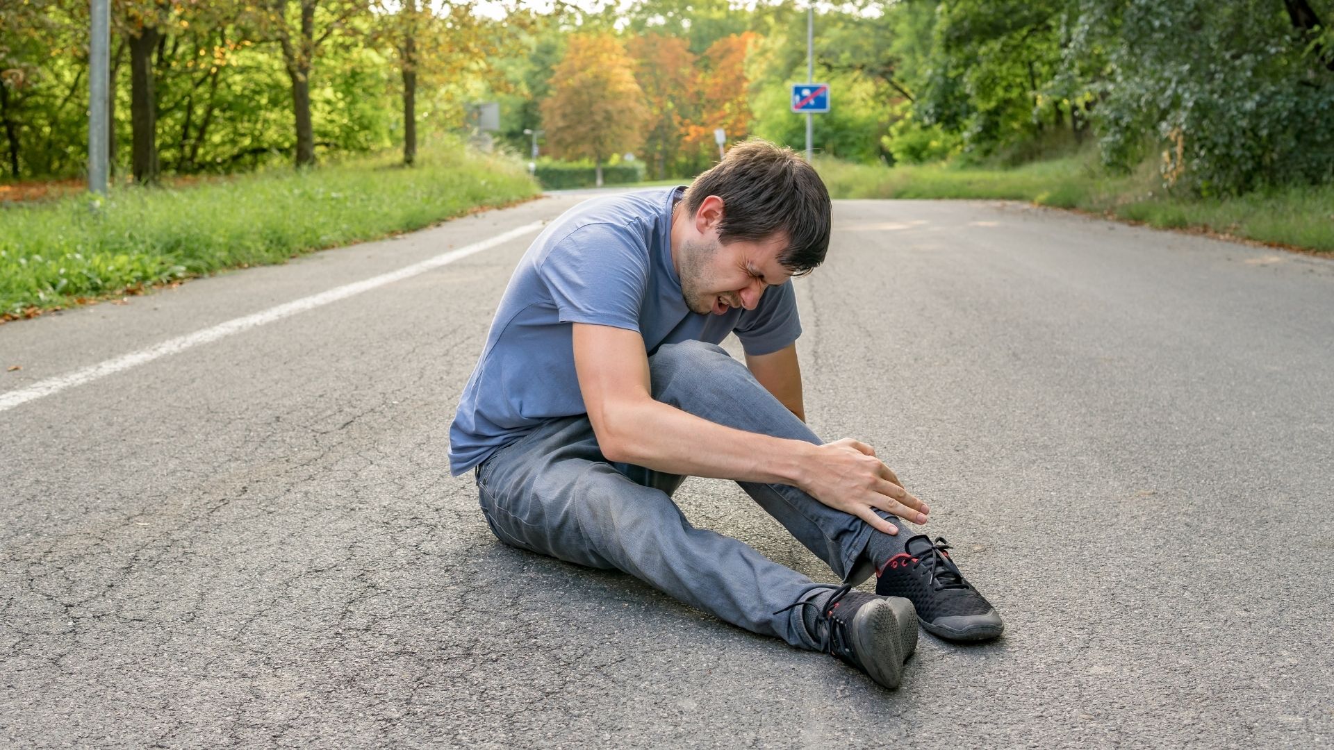 Image of a man on a road holding his leg in pain, suggesting a pedestrian injury in a natural setting.