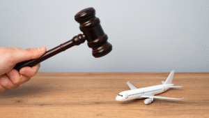 A hand holding a gavel above a small model airplane on a wooden table, symbolizing legal action in aviation.