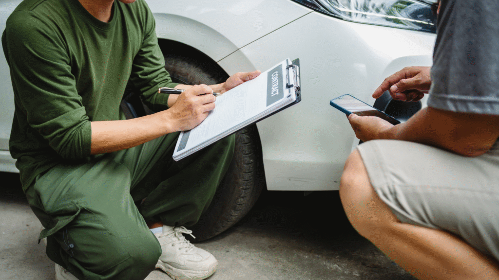A person in green overalls kneels, filling out a contract on a clipboard next to a white car, while another person points at a smartphone screen.