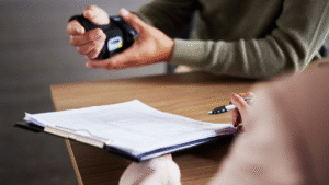 What Your Case Could Be Worth Alt: Image of a person holding a wrist brace while another writes on a clipboard with paperwork, focusing on injury assessment.