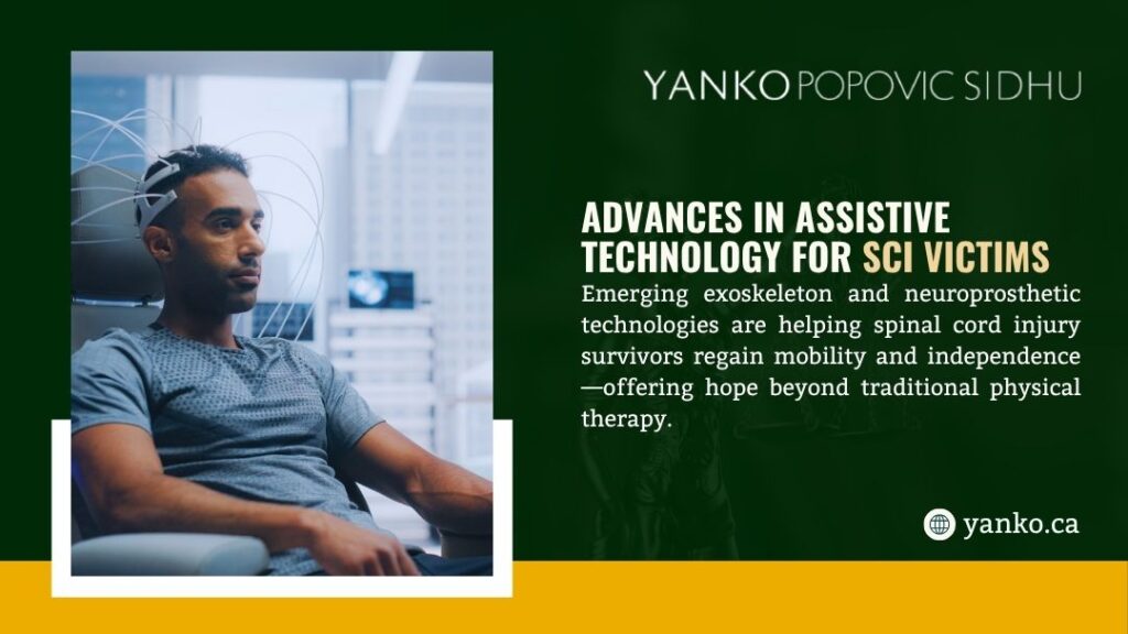 Man wearing a brain-computer interface headset, looking focused, illustrating advances in assistive technology for spinal cord injury (SCI) survivors like exoskeletons and neuroprosthetics to regain mobility.