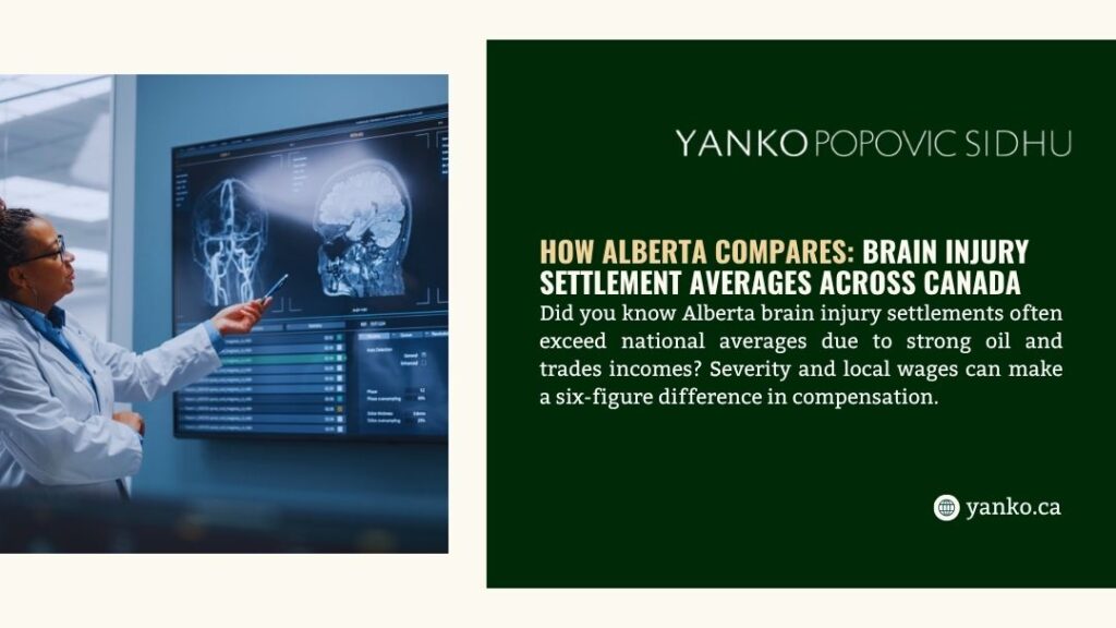 Doctor pointing at an x-ray of a brain scan. Text discusses Alberta's brain injury settlement averages compared to the rest of Canada.