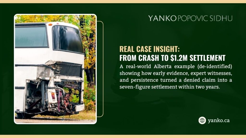 From Crash to $1.2M Settlement - Close-up of the severely damaged rear section of a white bus after a collision, illustrating a large settlement case.