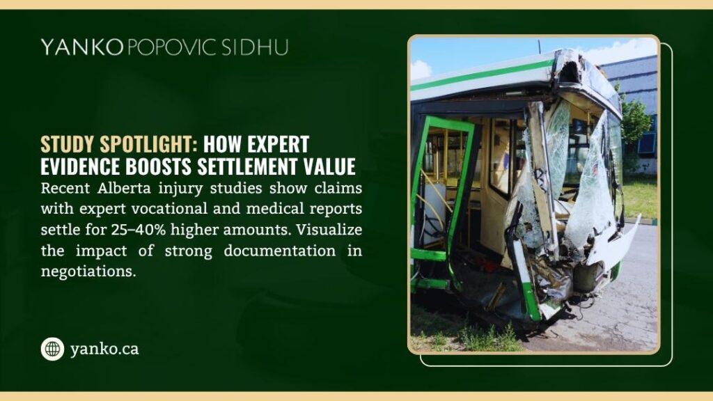 The heavily damaged front of a white and green bus after a severe collision, highlighting the need for expert evidence in claims.