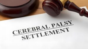 Gavel resting on document titled "CEREBRAL PALSY SETTLEMENT" with sound block.