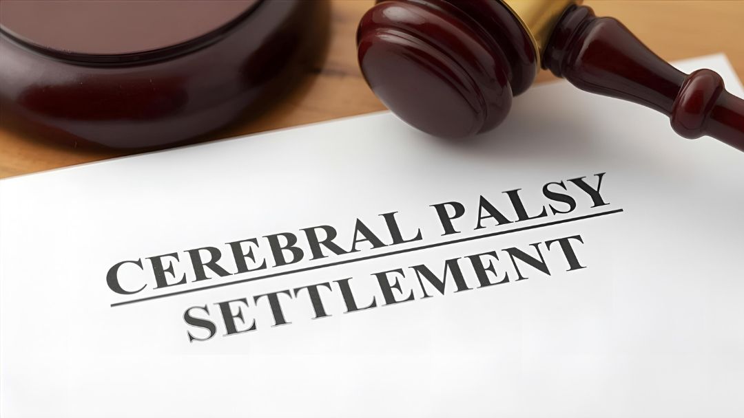 Gavel resting on document titled "CEREBRAL PALSY SETTLEMENT" with sound block.