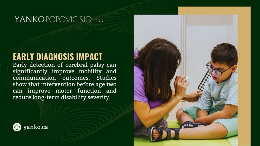Therapist working with young child using communication board. Text: Early Diagnosis Impact – Detecting cerebral palsy early & intervening before age 2 significantly improves mobility & communication.