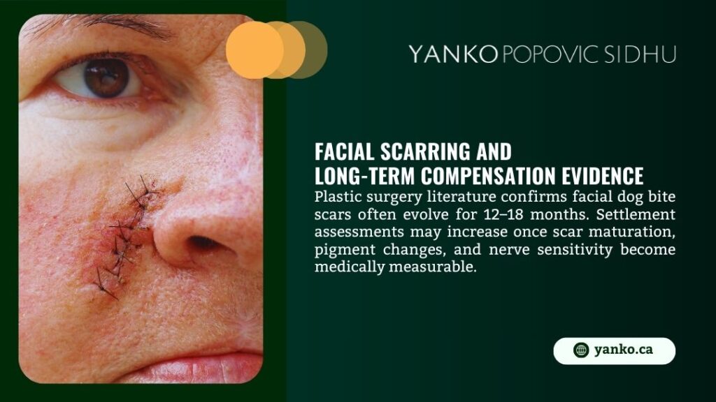 Yanko Popovic Sidhu infographic: Facial scarring and long-term compensation evidence. Close-up of stitched dog bite scar on nose/cheek near eye. Text: Scars evolve 12-18 months; settlements rise with measurable pigment/nerve changes.