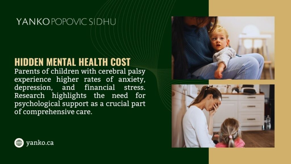 Parent holding toddler; stressed mother with young daughter. Text: Hidden Mental Health Cost – Parents of children with cerebral palsy face higher anxiety, depression & financial stress.