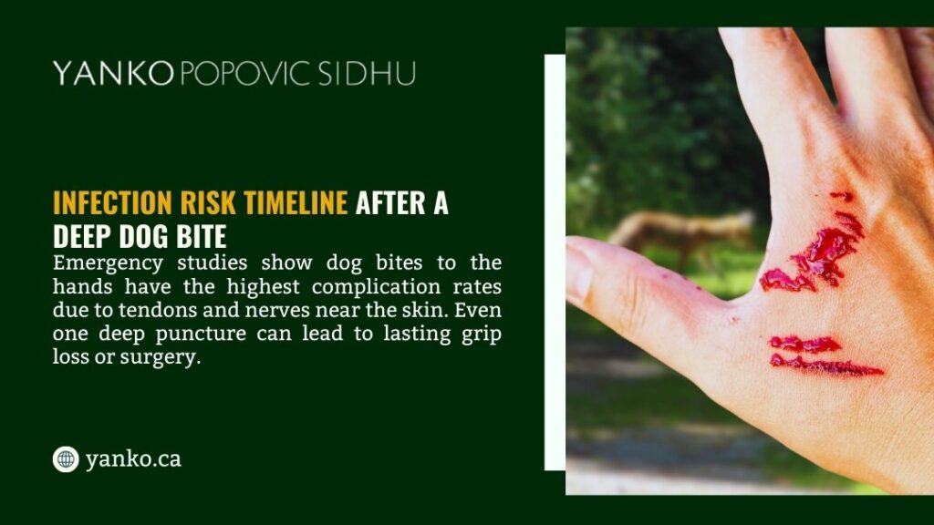 Infection risk timeline after deep dog bite: hand bites have highest complication rates due to tendons and nerves, with deep punctures causing grip loss or surgery