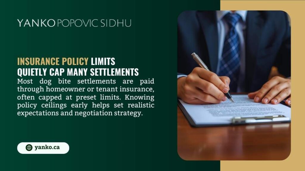 Yanko Popovic Sidhu infographic: Insurance policy limits quietly cap many settlements. Person in suit signing document. Text: Dog bite settlements paid via capped homeowner/tenant insurance; early knowledge sets realistic expectations, negotiation strategy.