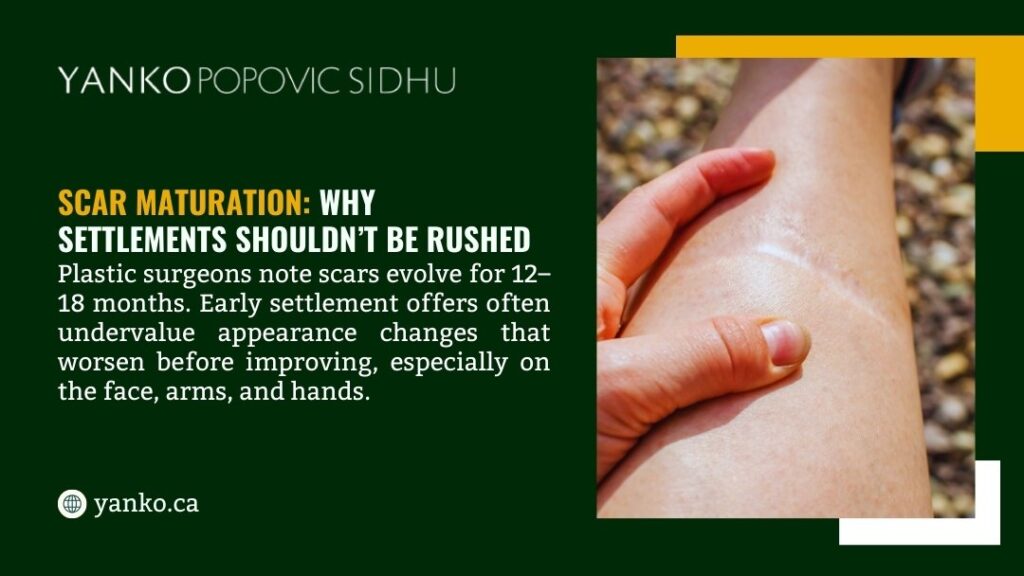Scar maturation: why settlements shouldn't be rushed - scars evolve for 12-18 months, early settlements undervalue appearance changes on face, arms, and hands