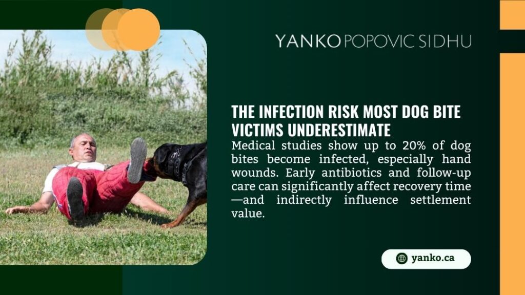 Yanko Popovic Sidhu infographic: The infection risk most dog bite victims underestimate. Man on grass with black dog biting red-panted leg. Text: Up to 20% bites infected, esp. hands; early antibiotics/follow-up affect recovery & settlement value.