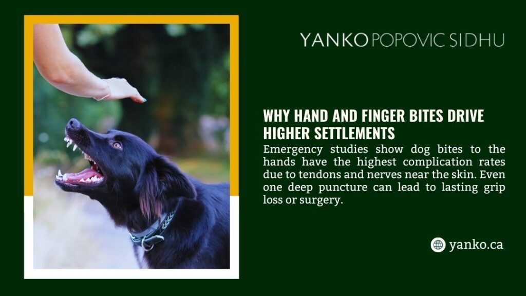 Hand and finger bites drive higher settlements: dog bites to hands have highest complication rates due to tendons and nerves, often requiring surgery