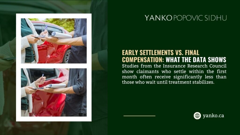 Insurance adjuster and driver exchanging paperwork at accident scene, illustrating early settlements vs. final compensation and why waiting yields more.