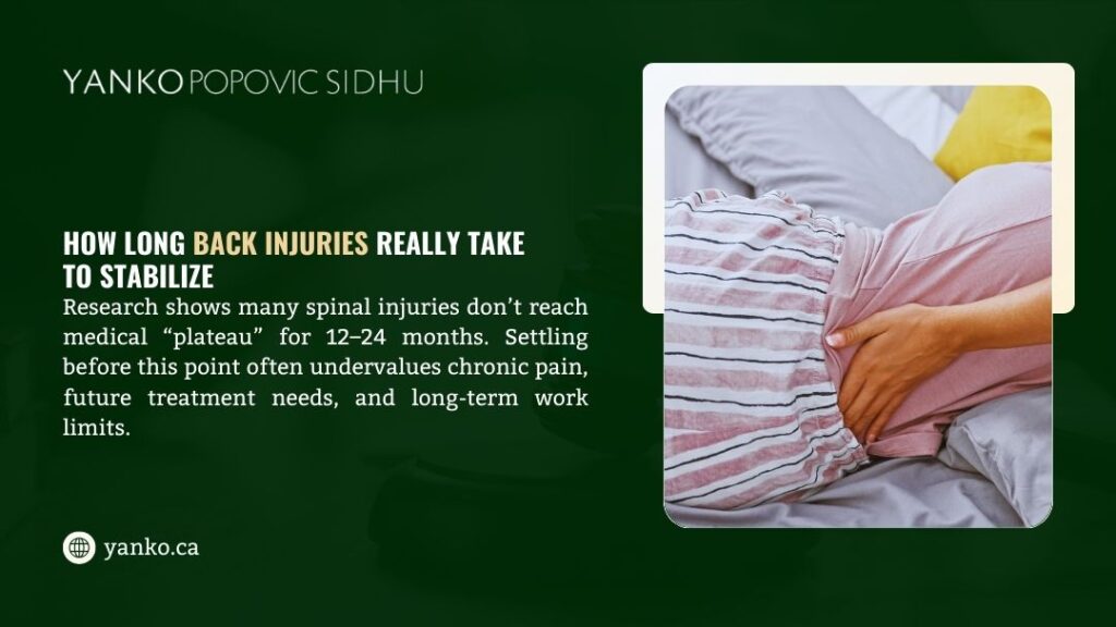 Person sitting on bed holding lower back in pain, illustrating how long back injuries really take to stabilize with recovery often taking 12-24 months.