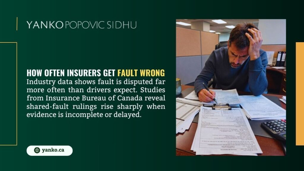 Man stressed at desk reviewing insurance claim documents, illustrating how insurers often get fault determinations wrong due to incomplete evidence.