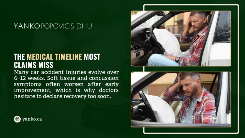 Injured driver holding neck in pain after car accident with deployed airbag, highlighting the medical timeline most claims miss as injuries evolve over weeks.
