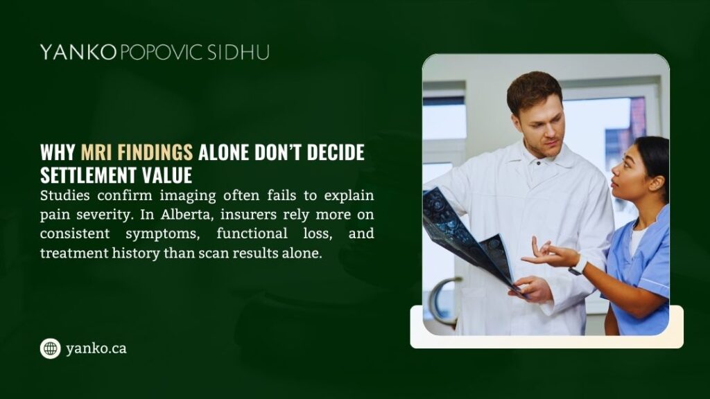 Doctor and nurse reviewing MRI scan together, explaining why MRI findings alone don't decide settlement value as symptoms and treatment history matter more.