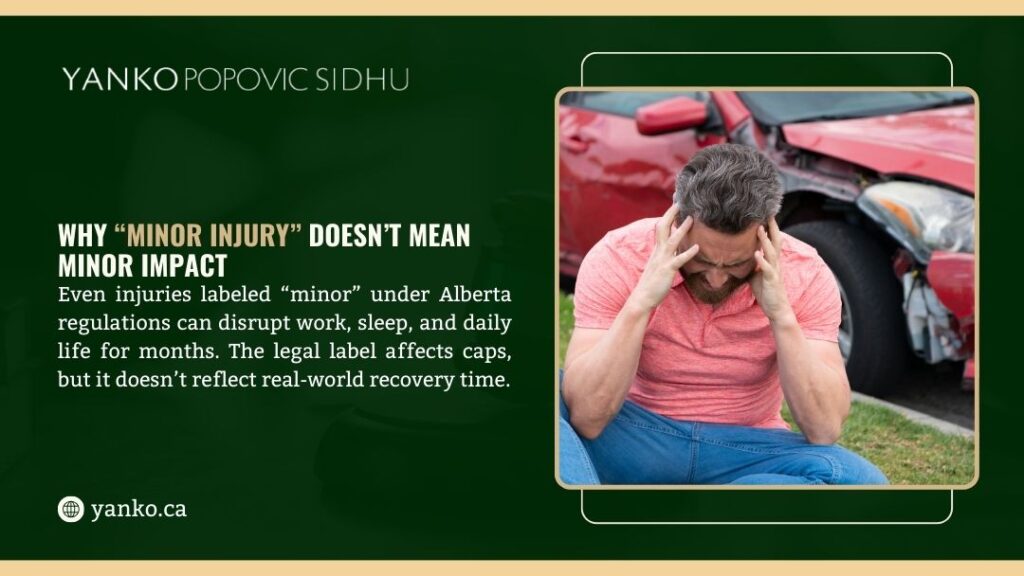 Distressed man holding head beside damaged car after accident, showing why minor injury doesn't mean minor impact on daily life and recovery.