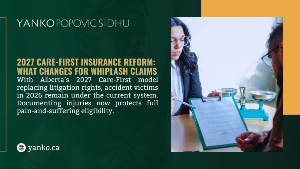 Yanko Popovic Sidhu infographic showing accident victim meeting with professional about 2027 Care-First insurance reform changes for whiplash claims, Alberta 2026 accidents maintain current litigation rights