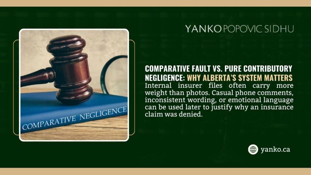 Gavel on book labeled Comparative Negligence. Text warns internal insurer files and casual comments can be used to deny claims. Yanko Popovic Sidhu law firm logo