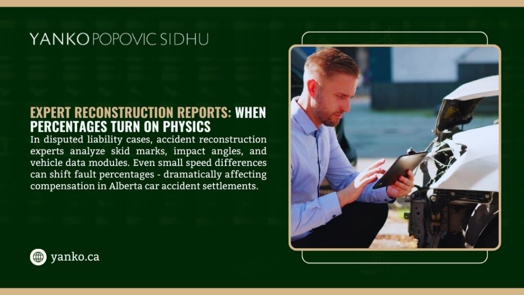 Accident reconstruction expert analyzing car crash damage with tablet: skid marks, impact angles, fault percentages in Alberta settlements, Yanko Popovic Sidhu