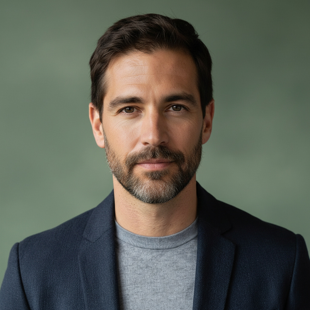 Professional headshot of a man with dark hair and a beard, wearing a blazer and grey shirt against a green background.