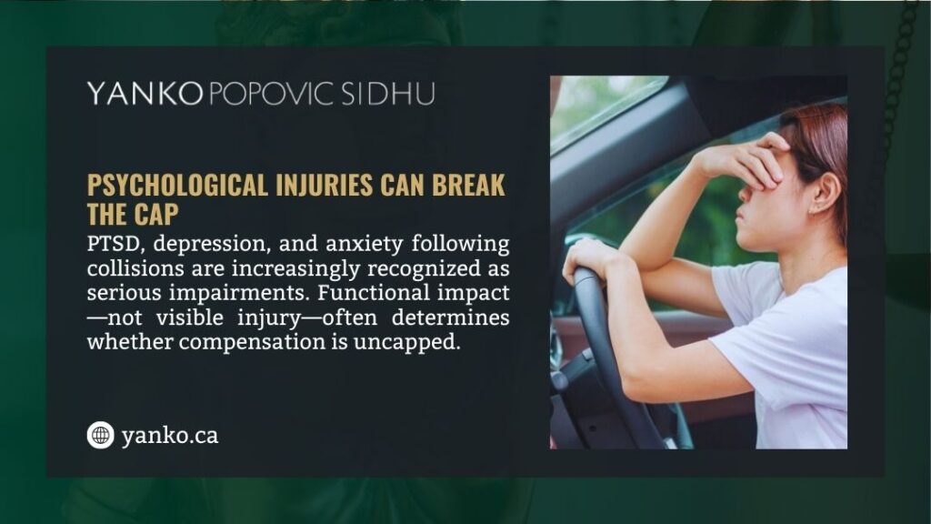 Person experiencing psychological distress after vehicle collision showing impact of PTSD, depression, and anxiety as serious impairments