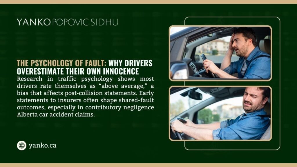 Stressed driver on phone after accident. Text explains drivers overestimate innocence due to bias, affecting post-collision statements. Yanko Popovic Sidhu law firm.