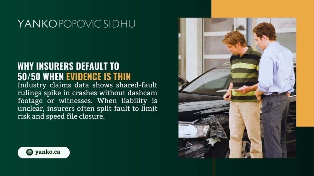Man and woman examining damaged vehicle after accident, illustrating why insurers default to 50/50 shared-fault rulings when dashcam evidence is insufficient