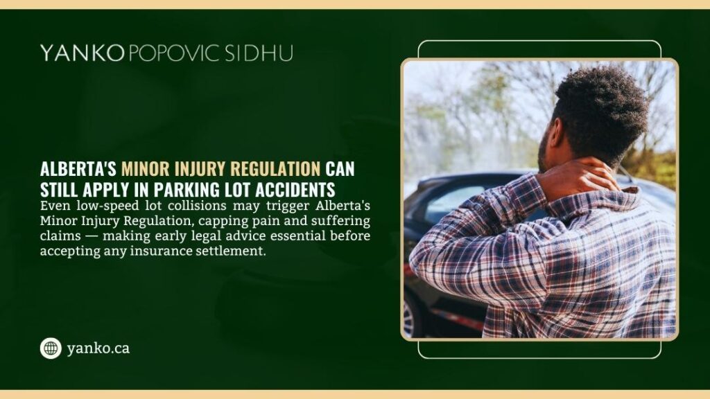Man holding his neck in pain beside a car, showing Alberta's Minor Injury Regulation can still apply in parking lot accident claims.