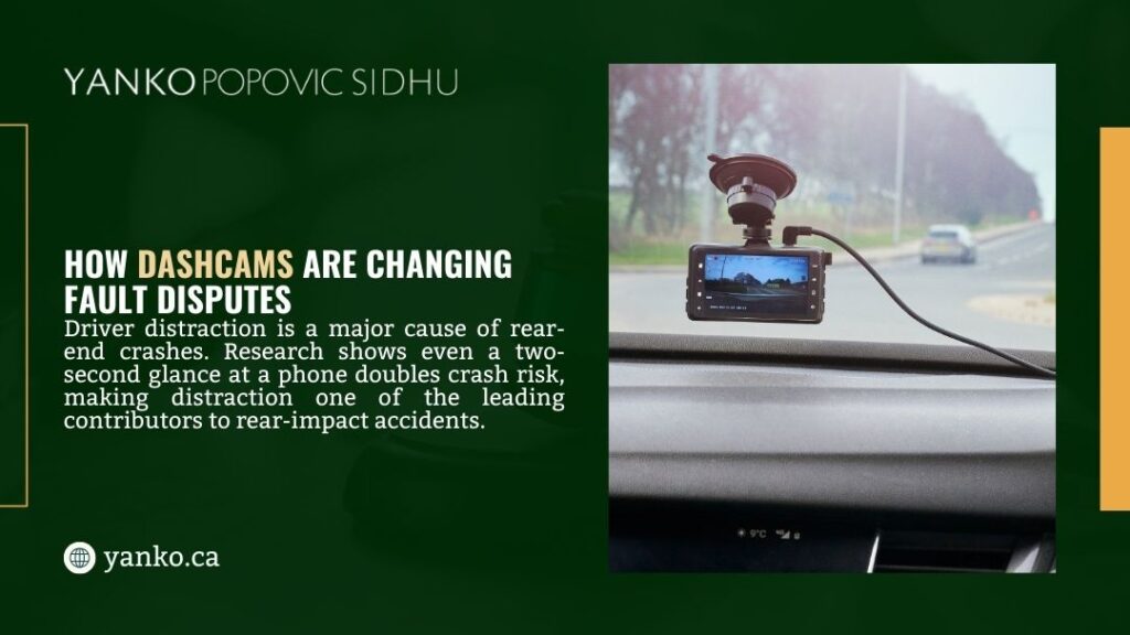 Dashcam mounted on car windshield capturing road ahead, illustrating how dashcam footage helps resolve fault disputes in rear-end collision cases.