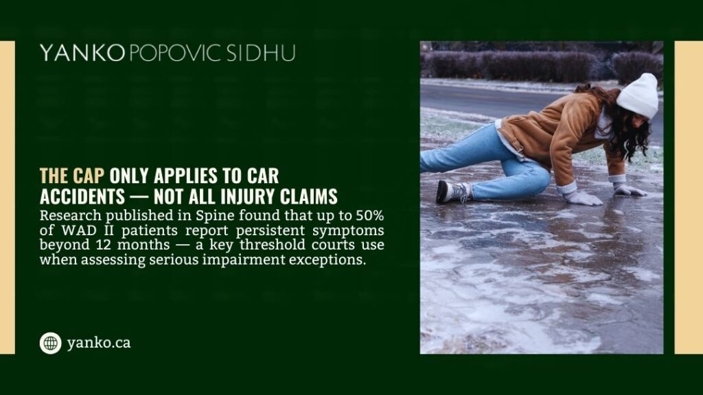 Woman slipping and falling on icy pavement, illustrating that the injury cap only applies to car accidents, not all injury claims.