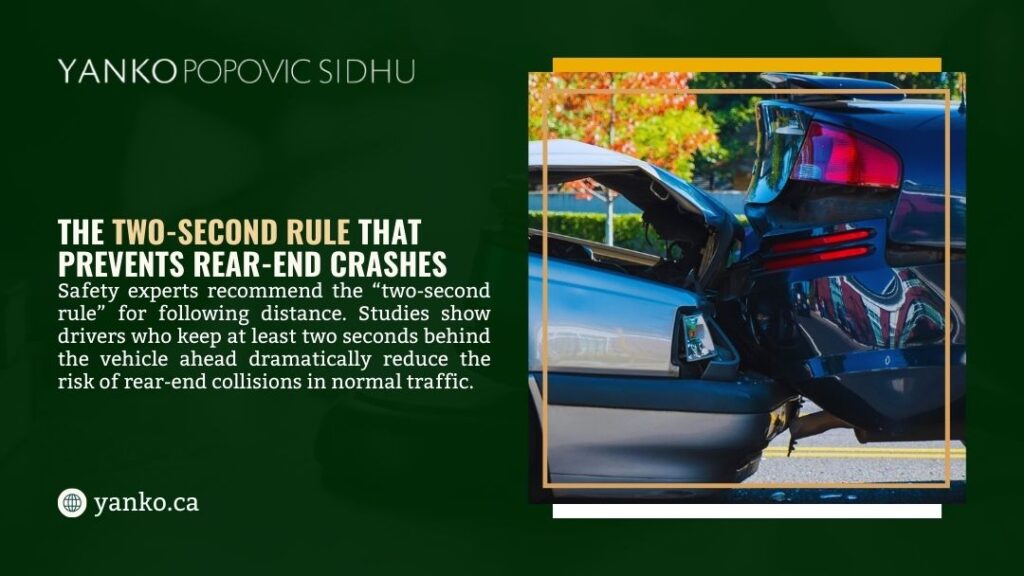Two cars in a rear-end collision with visible trunk damage, illustrating why the two-second rule is critical for preventing rear-end crashes.
