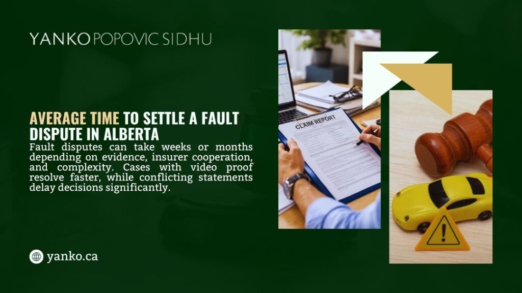 Insurance claim report and judge's gavel beside a toy car, representing the average time to settle a fault dispute in Alberta