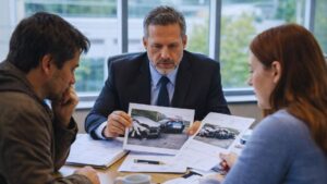 Disputing Fault Car Accident Alberta A Complete Legal Guide. Lawyer in suit holding car accident photos while consulting with a male and female client at a conference table filled with documents and reports.