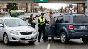 Police officer taking statements from two drivers after a car accident in Alberta, illustrating how fault is determined at the scene