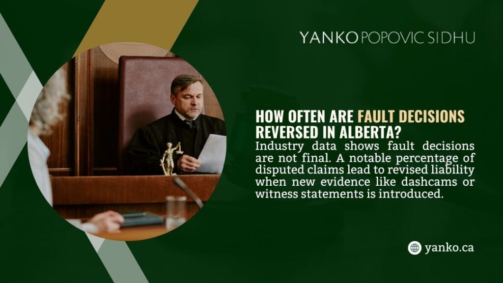 How Often Are Fault Decisions Reversed in Alberta. Male judge in black robe sitting at bench reviewing documents in courtroom, with scales of justice statue. Text explains that fault decisions are not final when new evidence is introduced.