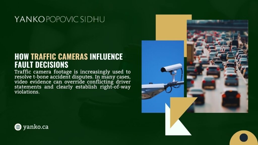 Traffic surveillance camera mounted on a pole against blue sky, with a busy multi-lane highway filled with cars in the background. Text explains how camera footage resolves fault in t-bone accidents.