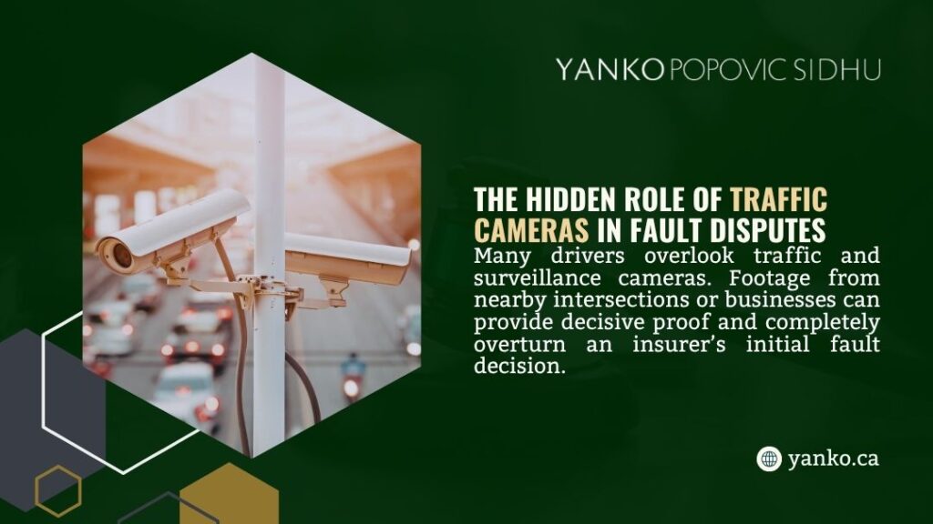 The Hidden Role of Traffic Cameras in Fault Disputes. White traffic surveillance cameras mounted on a pole overlooking a busy road with moving vehicles. Text explains how camera footage can provide decisive proof to overturn initial fault decisions.